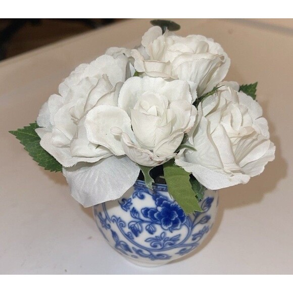 Source Unknown Other - Artificial Floral Arrangement Roses Blue White Porcelain Vase 2.75 n x 2.75 in